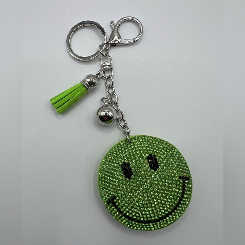 Smiley Face Green Keychain Fob Sparkly